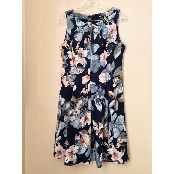 Liz Claiborne Women's Dress Size 10 Dark Navy Blue Floral Sleeveless Silver Bar - Picture 2 of 5